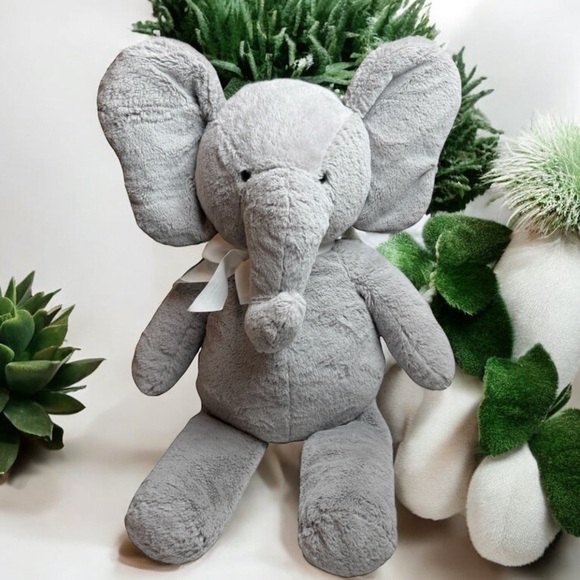 Pottery Barn Kids PBK Gray Elephant Beaded Feet Soft Grey Plush Bow Stuffed BIG - Picture 14 of 15